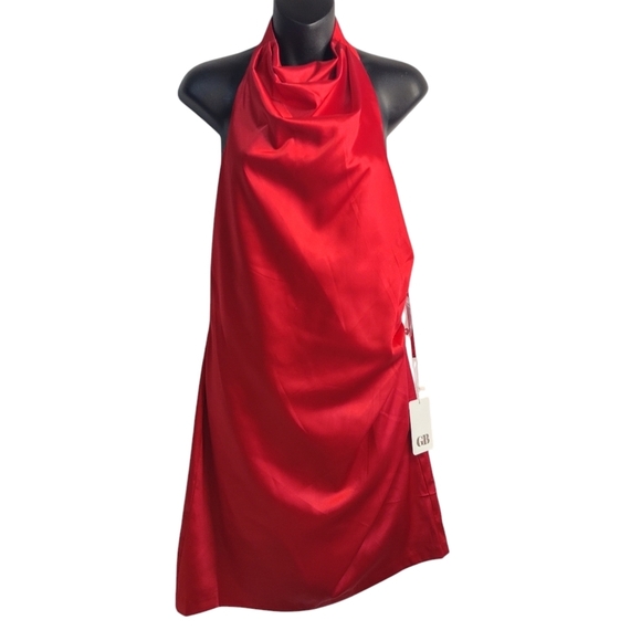 GB Women's Red Social Cowl Halter Neck Satin Mini Dress Size 11 NWT - Picture 2 of 9